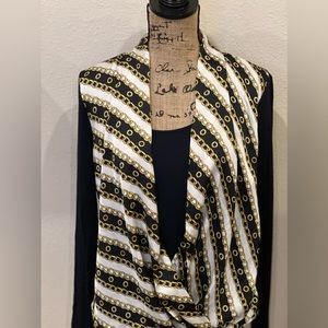 Michael Kors, Navy, Long-sleeve, Draped panel, Gold-plated monogram, M shirt